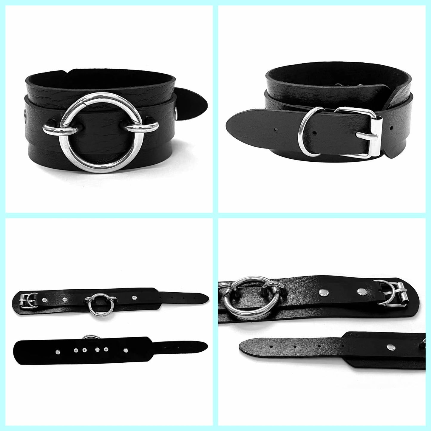 Tosmifairy Black Wide Soft Faux Leather Collar Choker Adjustable Thick PU Necklace and Bracelets Set for Women Men,Circle Ring Charm (Adjusted Neck: 17-21 Inches)