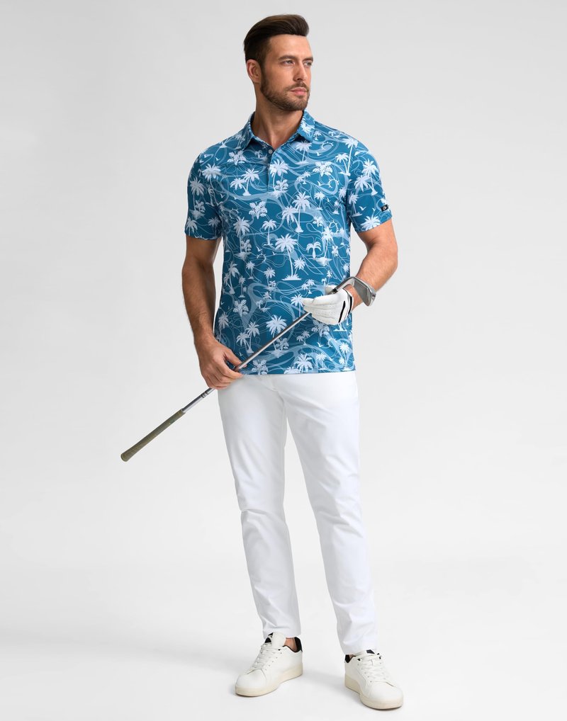 Obla Mens Golf Polo Shirts Short Sleeve Dry Fit Casual Print Collared Golf Shirts Wicking for Men(Blue Coconut Beach_XXXL)