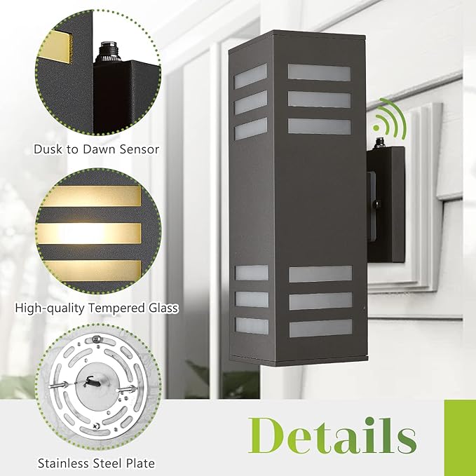 Outdoor Wall Lights, 2 Pack Dusk to Dawn Porch Light Waterproof, 13" Modern Outside Light Rectangular, Large Up Down Exterior Lighting Fixtures for Patio, Garage, Doorway, Black