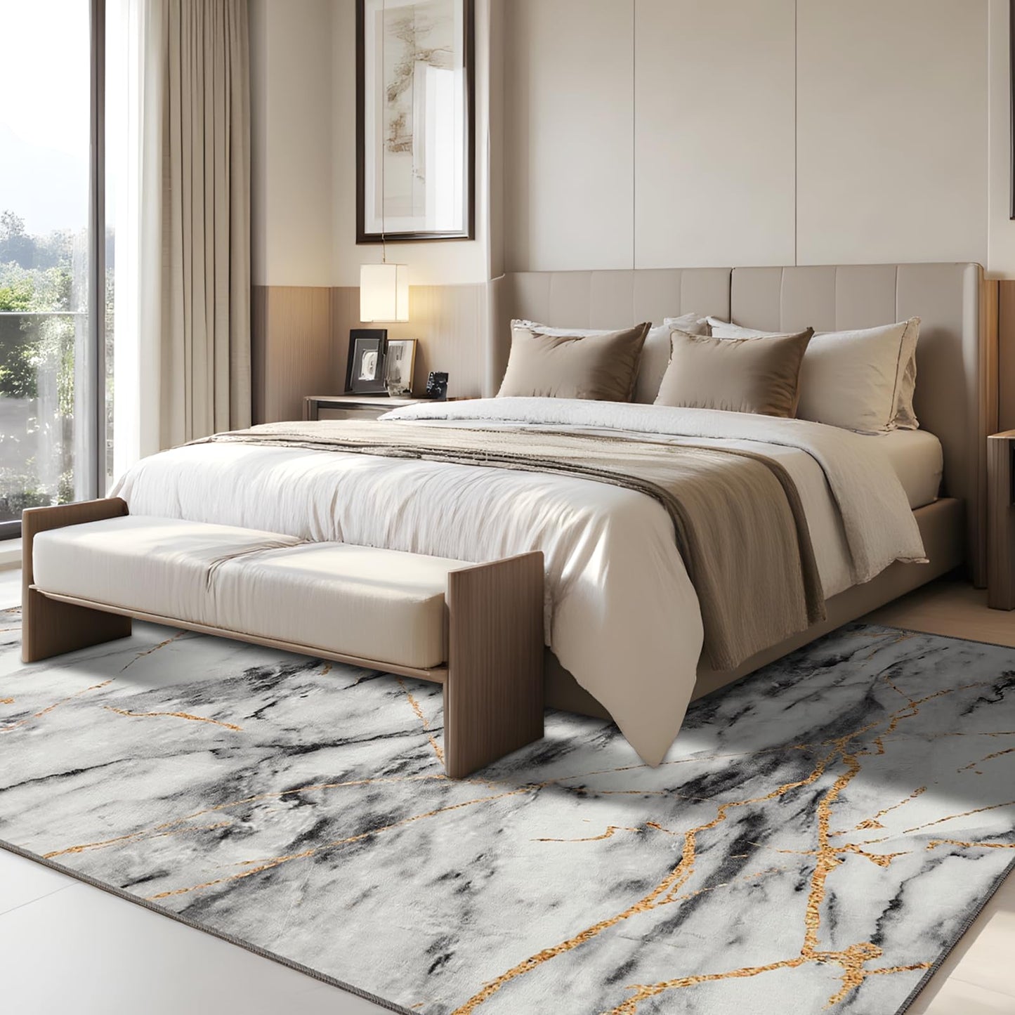CRYPTOLITE Living Room Rug Washable Abstract Rugs with Non-Slip Backing Low Pile Area Rug for Living Room, Bedroom, Dining Room, 6x9, Gold&Grey