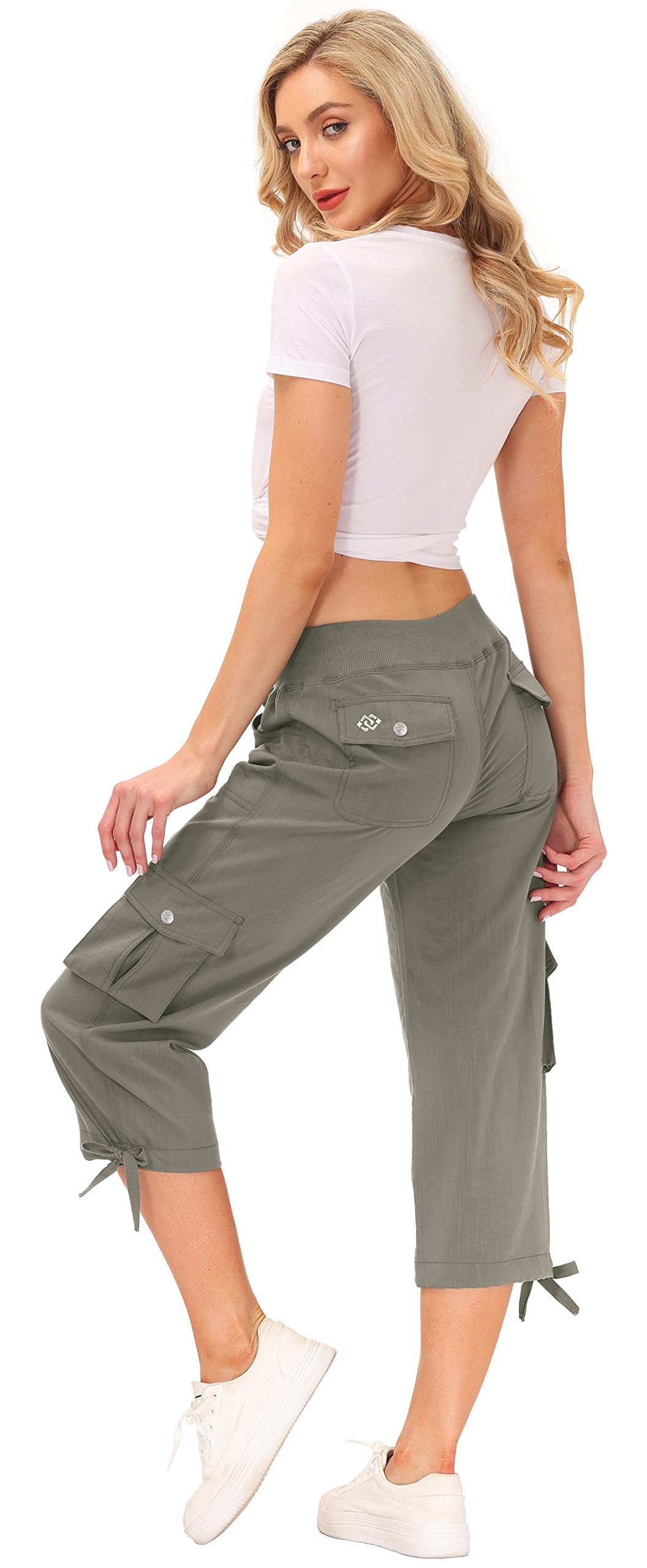 MoFiz Women's Cargo Hiking Pants Lightweight Quick Dry Running Capri Pants Athletic Workout Casual Outdoor Button Pockets Grey Khaki XL