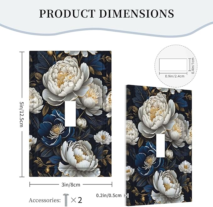 White Gold Blue Flower Light Switch Covers 1 Gang Single Toggle Wall Plate Decorative Switchcover Electrical Switchplate for Country Living Decor