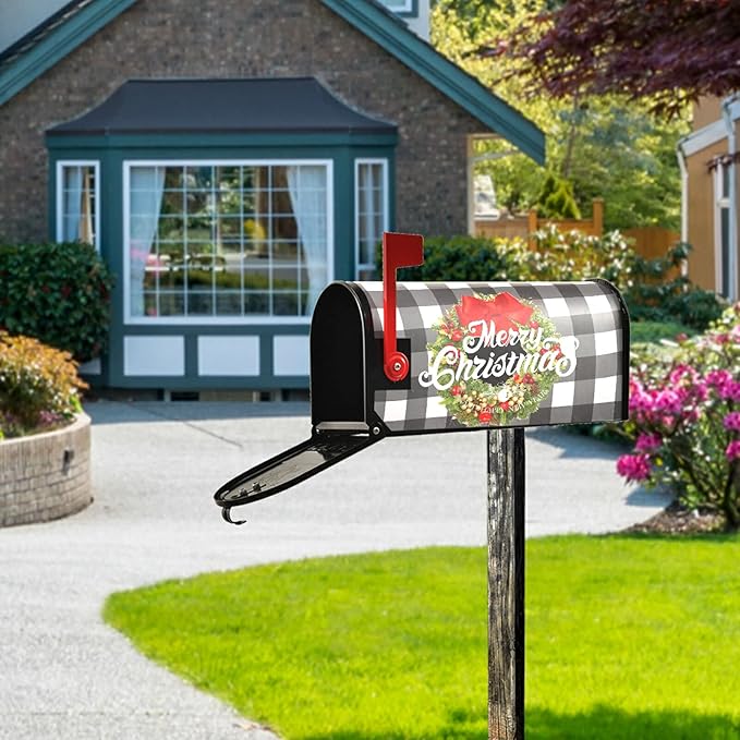 Kcldeci Merry Christmas Magnetic Mailbox Cover Buffalo Check Plaid Xmas Wreath Magnetic Mailbox Covers Post Box Cover Wraps for Garden Yard Decor Large Size 21" X 18"