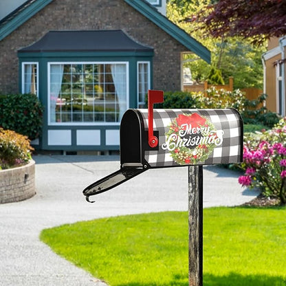 Kcldeci Merry Christmas Magnetic Mailbox Cover Buffalo Check Plaid Xmas Wreath Magnetic Mailbox Covers Post Box Cover Wraps for Garden Yard Decor Large Size 21" X 18"