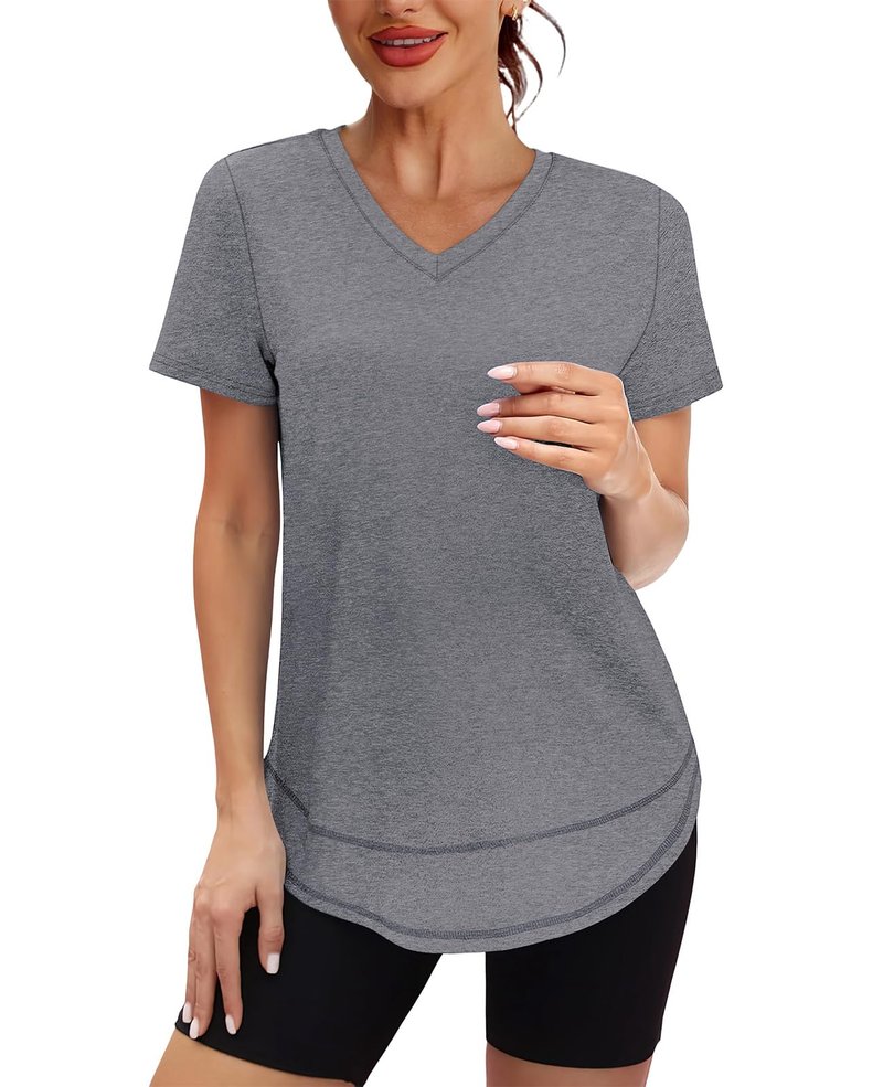 Short Sleeve Shirts for Women Workout Yoga Tops Sun Protection Clothing Summer Outfits Rash Guard Side Slit V Neck Grey XL