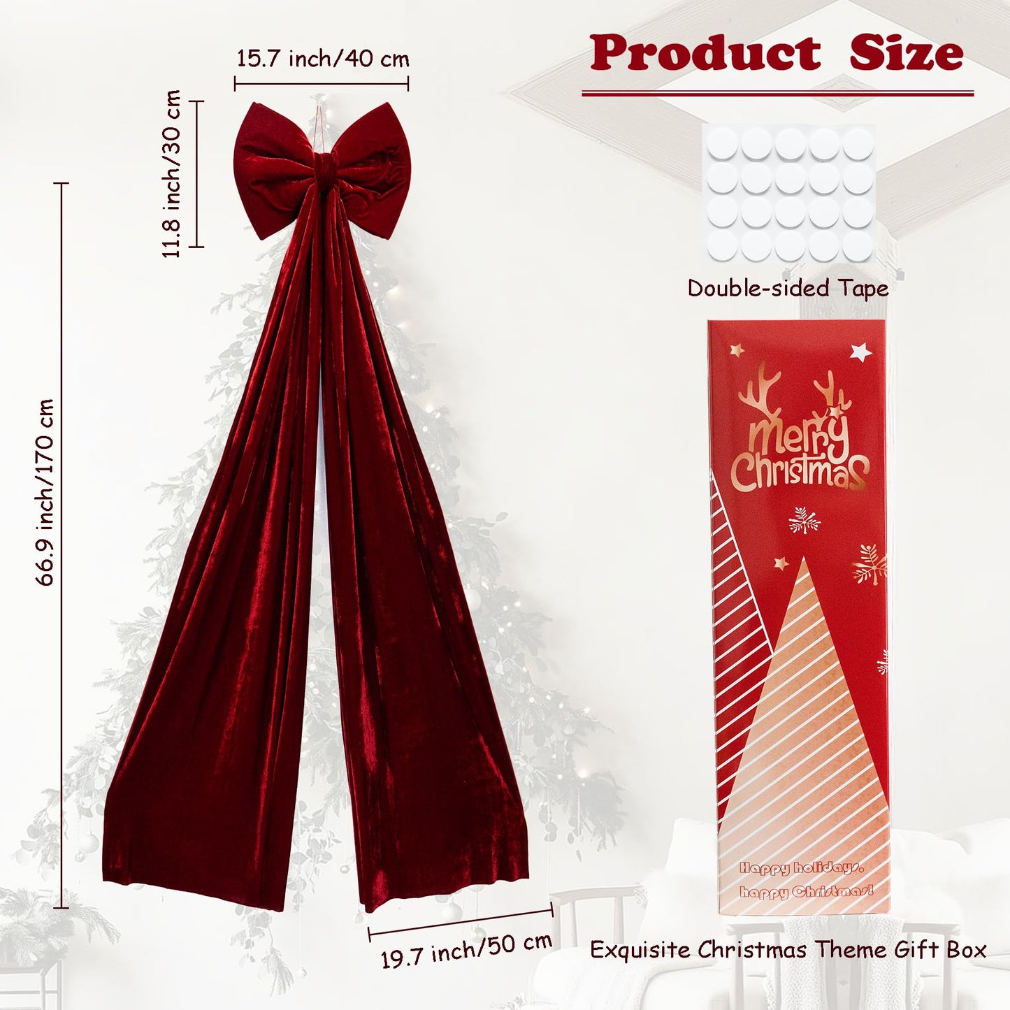 Hismir Christmas Tree Topper Bow，67x16 Inch Velvet Extra Large Room Decor Ribbon Bow for Wedding Engagement Birthday Party，Giant Xmas Bow Decorations for Home Wreath Door Wall(Burgundy)