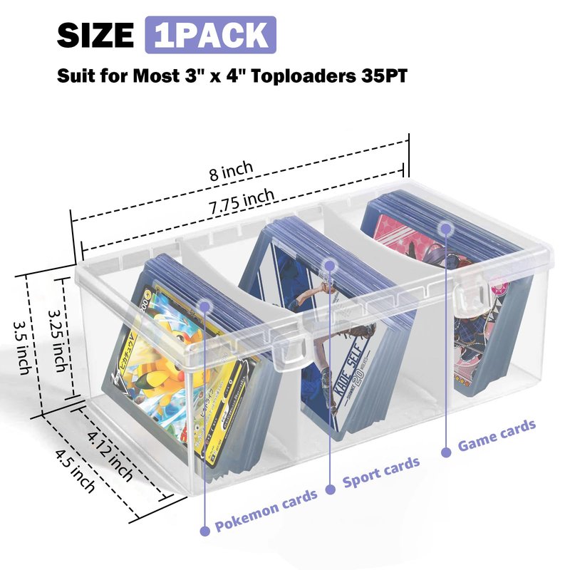 Trading Card Storage Box with 2 Dividers,Toploads Storage Box Plastic Baseball Card Storage Box for 500+ Sports Cards 100+ Top Loads for MTG Magic TCG Yugioh Playing Card Case Holder (1 Pack)