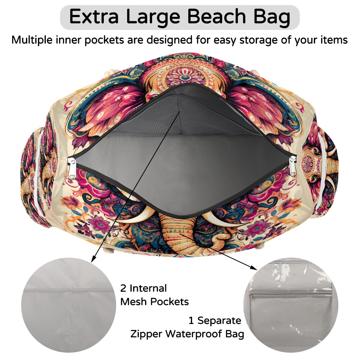ModaQua Elephant Floral Splendor Beach Bags Waterproof Sandproof for Women, Large with Zipper Pool Beach Tote Reusable Grocery Shoulder Bag for Swim Travel Shopping Vacation Picnic