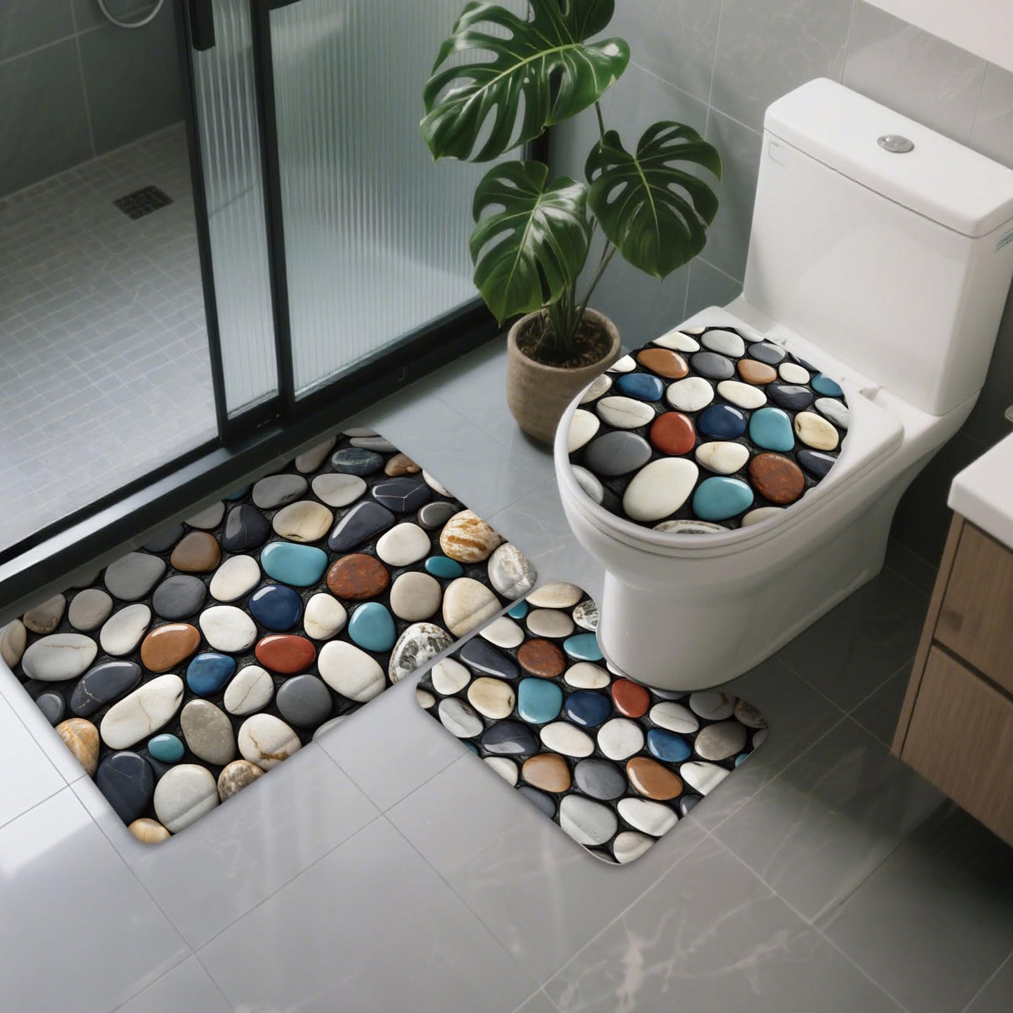 peacoblue Pebble Bath Mats for Bathroom Rugs Sets 3Pcs with Toilet Lid Cover, Non Slip Bath Rug and Contour Mats Sets, Washable Toilet Carpet for Bedroom Kitchen Tub Home Decor