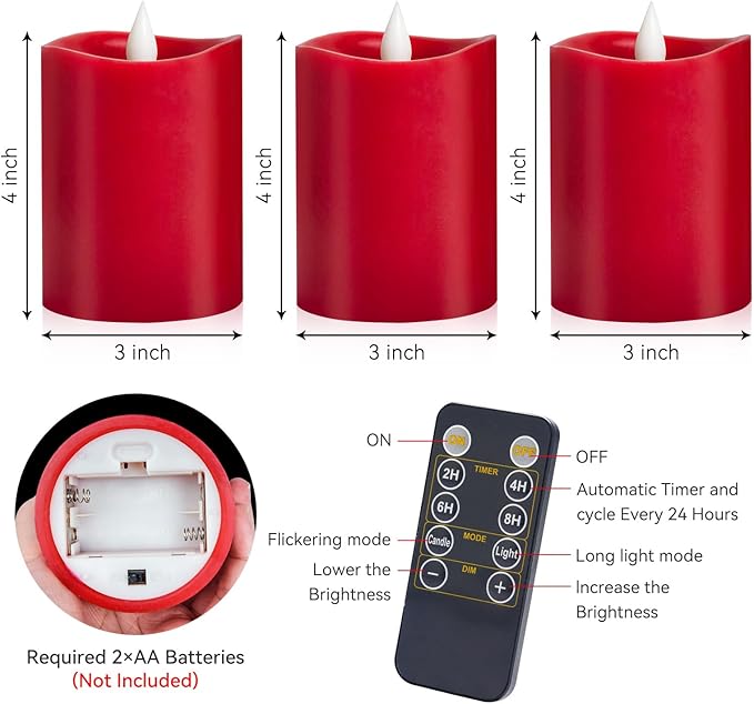 3-Pack 3x4 inch Flameless Candles: Realistic Flameless LED, Battery-Powered Pillar Candles with Remote & Timer, Fake Candles for Fall Decor, (Red, 3"*4"-3pcs)