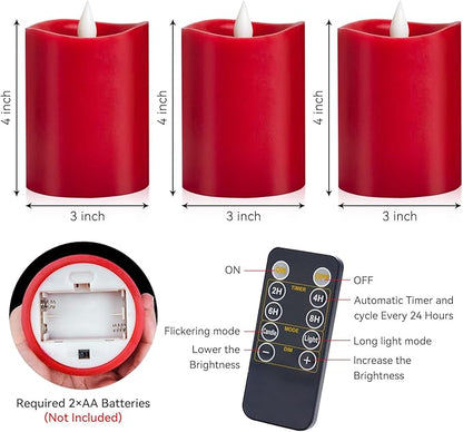 3-Pack 3x4 inch Flameless Candles: Realistic Flameless LED, Battery-Powered Pillar Candles with Remote & Timer, Fake Candles for Fall Decor, (Red, 3"*4"-3pcs)