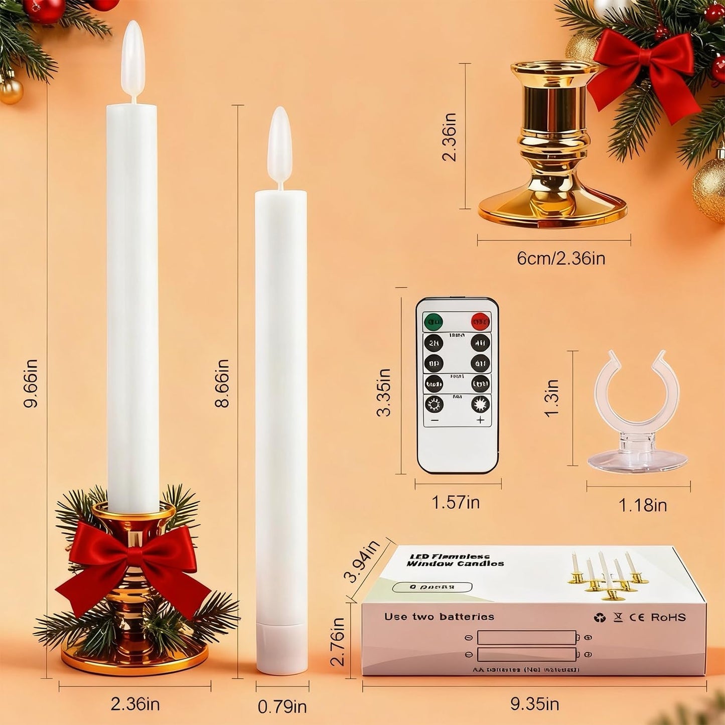 Hoisebecy Christmas Window Candles, 6 Pcs Battery Operated Flameless Taper Candles with Remote, Timer, 3D Wick, Holders & Suction Cups for Christmas, Wedding, Halloween Decor