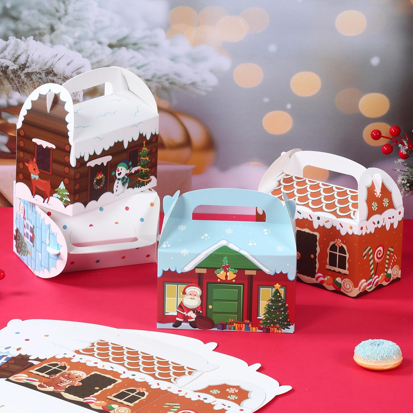 Patimate 24pcs Christmas Cookie Boxes for Gift Giving, 4 Style 3D Xmas House Cardboard Treat Boxes with Handles for Christmas Goodie Candy Holiday Party Favor Supplies