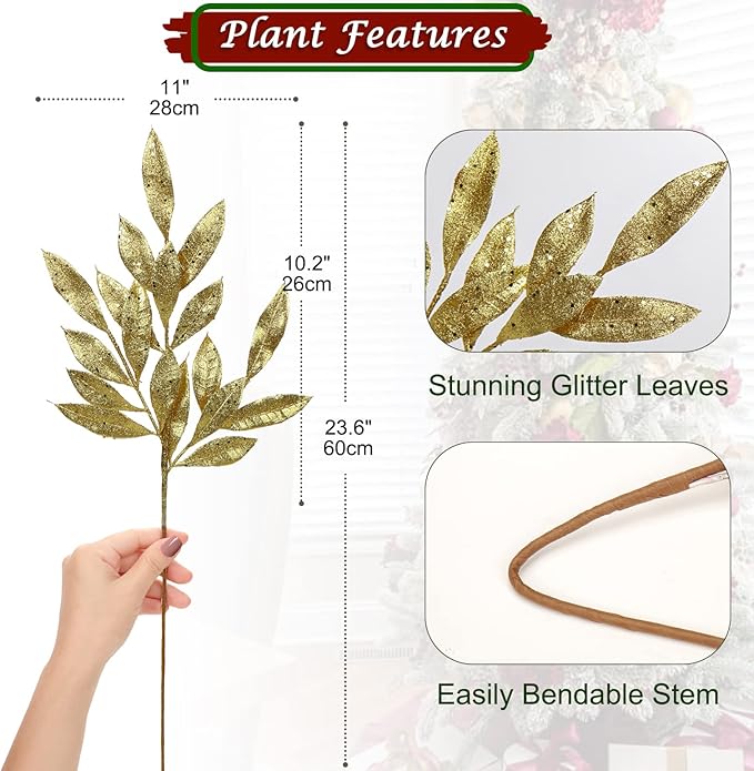 DILATATA 6Pcs Christmas Glitter Leaves Bay Leaves Spray 24" Artificial Gold Bay Leaf Picks Sprays Giltter Stems for Christmas Tree DIY Xmas Wreath Garland Home Decor - Gold