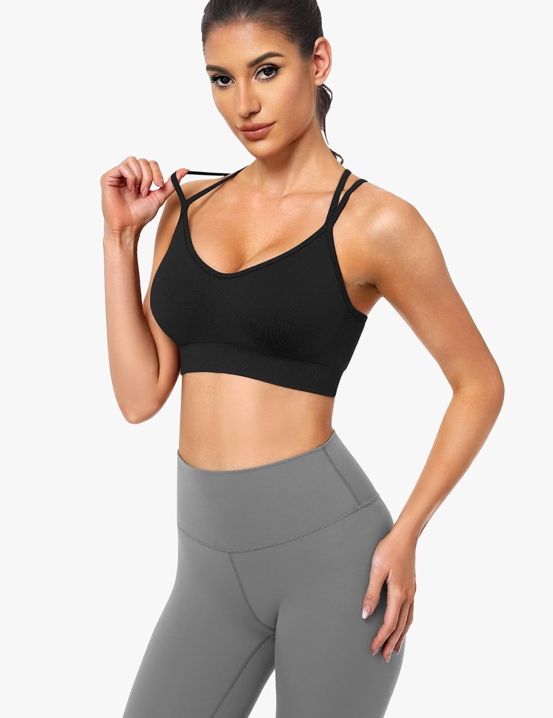 WANAYOU Sports Bras for Women, Cross Back Strappy Medium Support Sports Bra Padded Wireless Seamless Spaghetti Strap Workout Bra for Athletic Exercise Fitness 3 Pack Black White Purple Medium