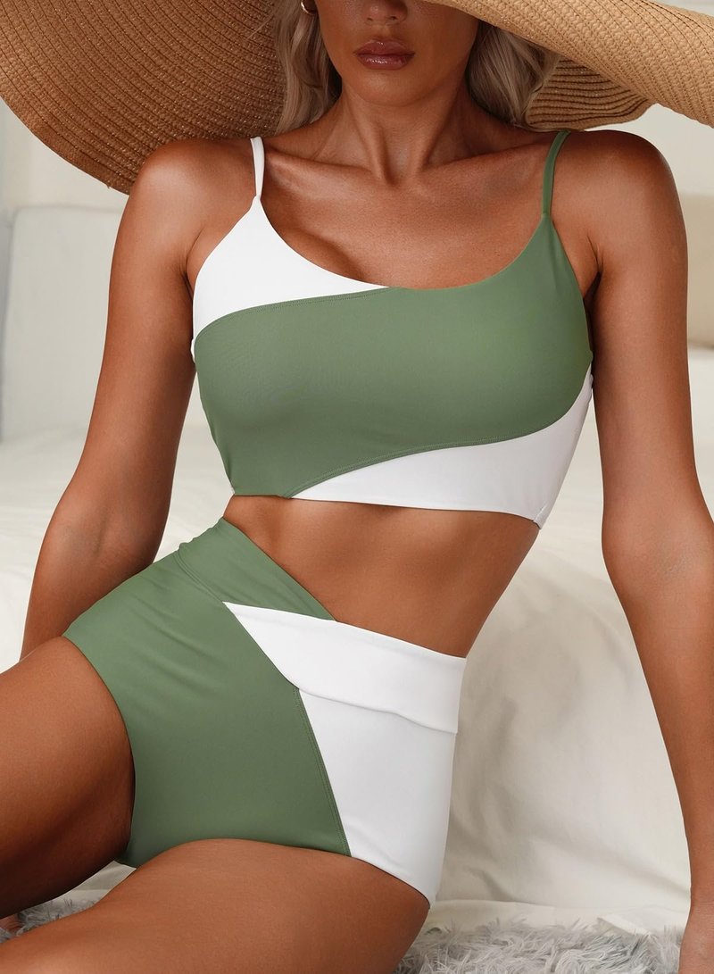 Herseas Women High Waisted Bikini Push Up Swim Top with Tummy Control Bottom Spaghetti Straps 2 Piece Best Bathing Suits for Teen Girls Curvy Cruise Outfits Green Medium