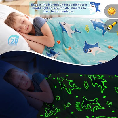 Shark Gifts for Boys Girls - Glow in The Dark Ocean Animal Blanket for Kids Grandkids Age 1-14 Years Old Child Toddler Best Birthday Valentines Easter Christmas Party Presents Soft Cozy Throw 50"x60"