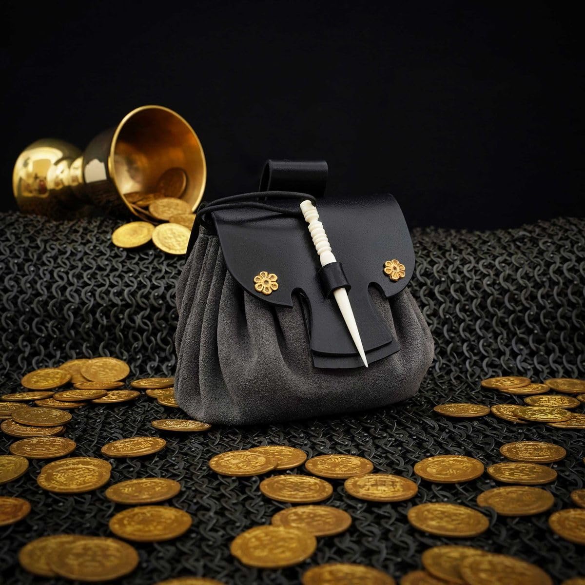 Mythrojan Leather Pouch Medieval Belt Bag Renaissance Bag Viking Suede Leather Waist Purse for Renaissance Costume Accessories LARP Cosplay Coin Purse Vinatge Style Pouch - Grey, 3.5"