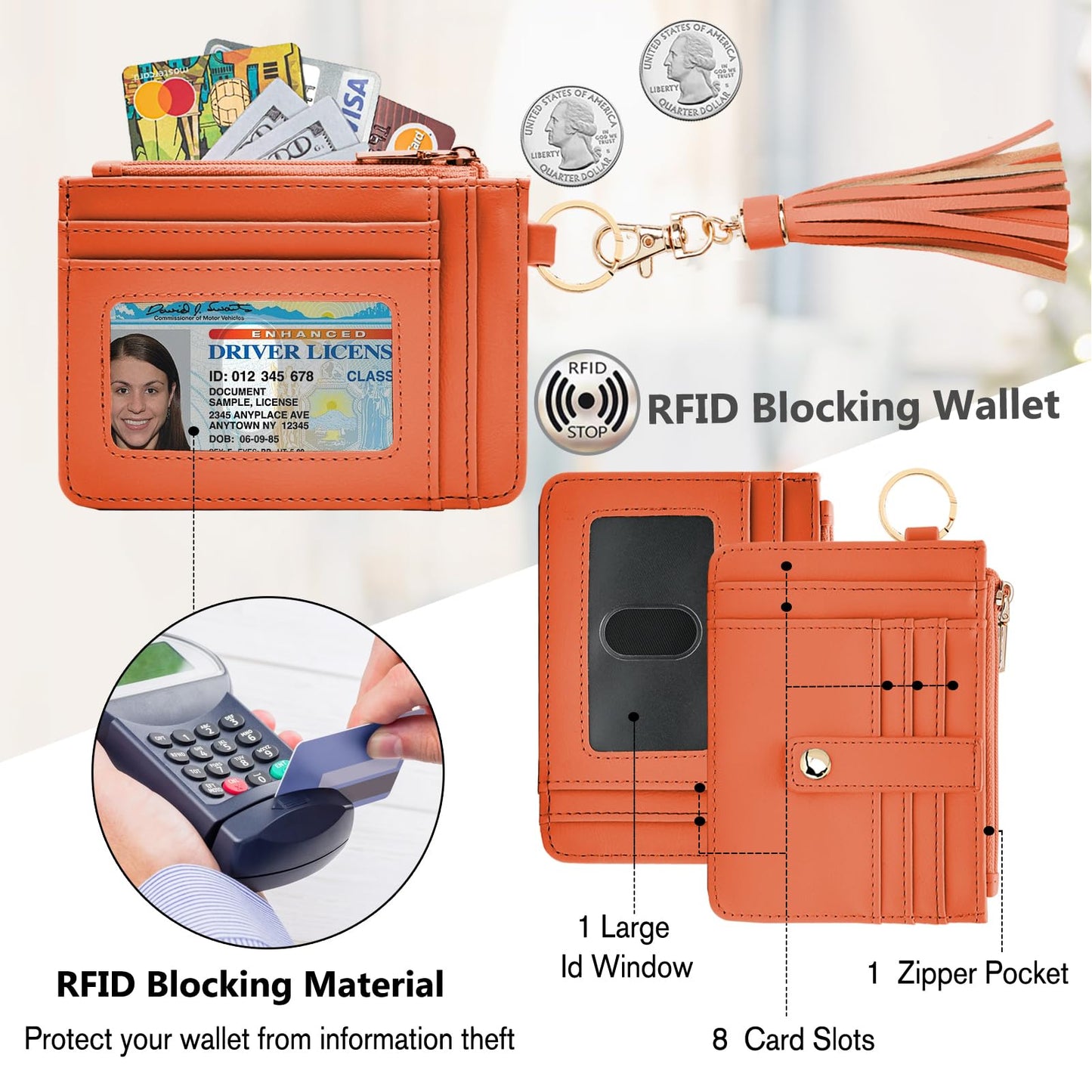 KNGITRYI Wallet Keychain Wristlet for Women,Slim RFID Credit Card Holder Purse Tassel Keychain Bangle Key Ring for Men Women(Coral)