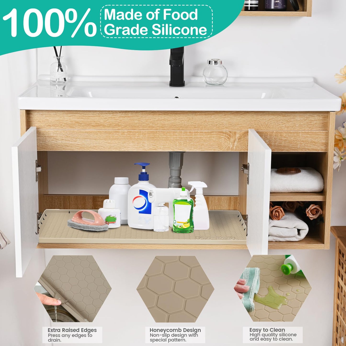 FORWOS Waterproof Under Sink Mat 28" x 19", Silicone Cabinet Liner, Rubber Protector for Kitchen and Bathroom, Keeps Cabinets Clean, Dry, and Organized (Beige)