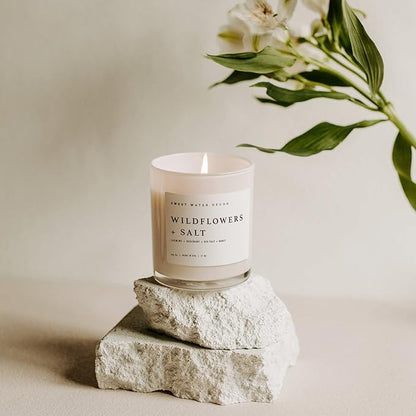 Sweet Water Decor Wildflowers and Salt Soy Candle - Jasmine, Rosemary, Sea Salt, and Honey Scented Spring Candle for Home - 11oz Jar Candle with Wood Lid, 50+ Hour Burn Time, Made in The USA