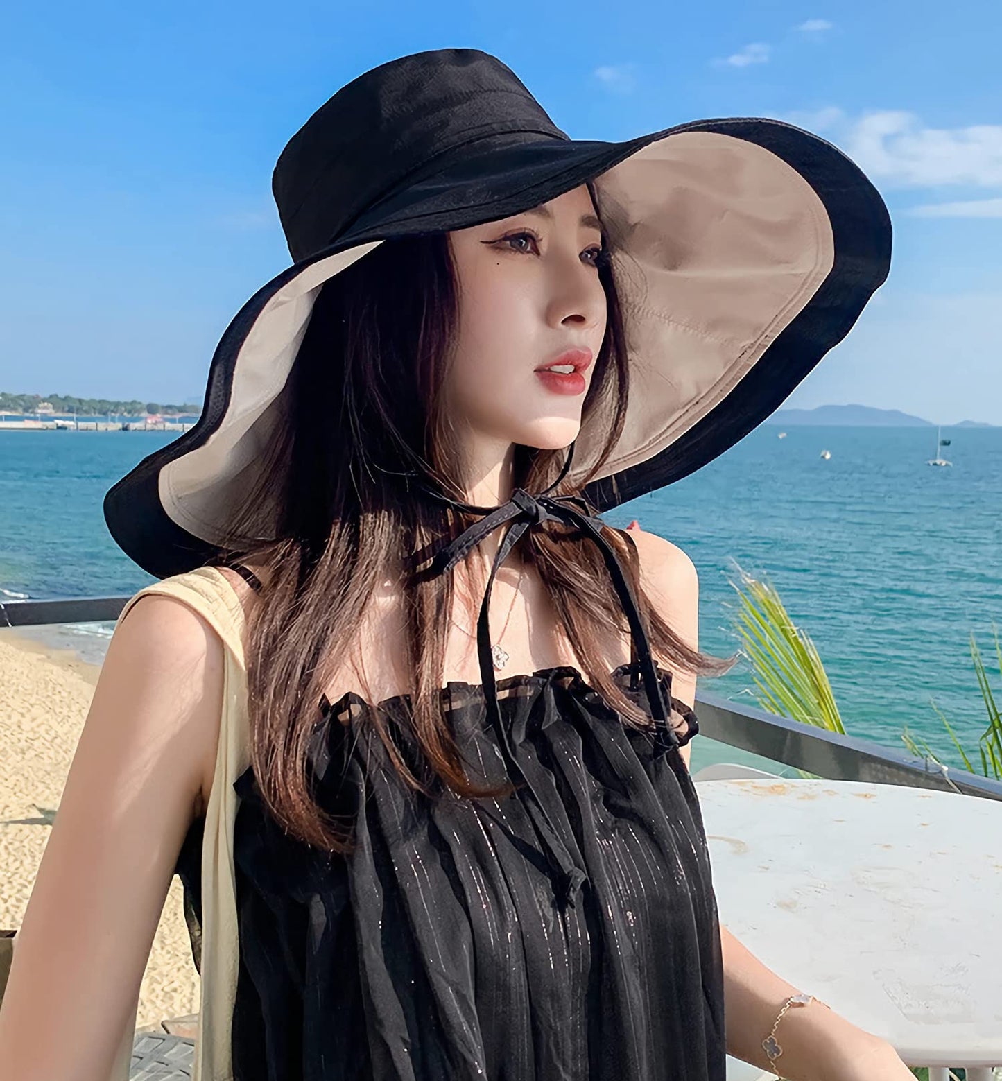 HUAMULAN 7" Wide Brim Women Summer Sun Floppy Hat Beach Bucket Fishing Hats Reversible Foldable Travel UV Protection Blackbeige
