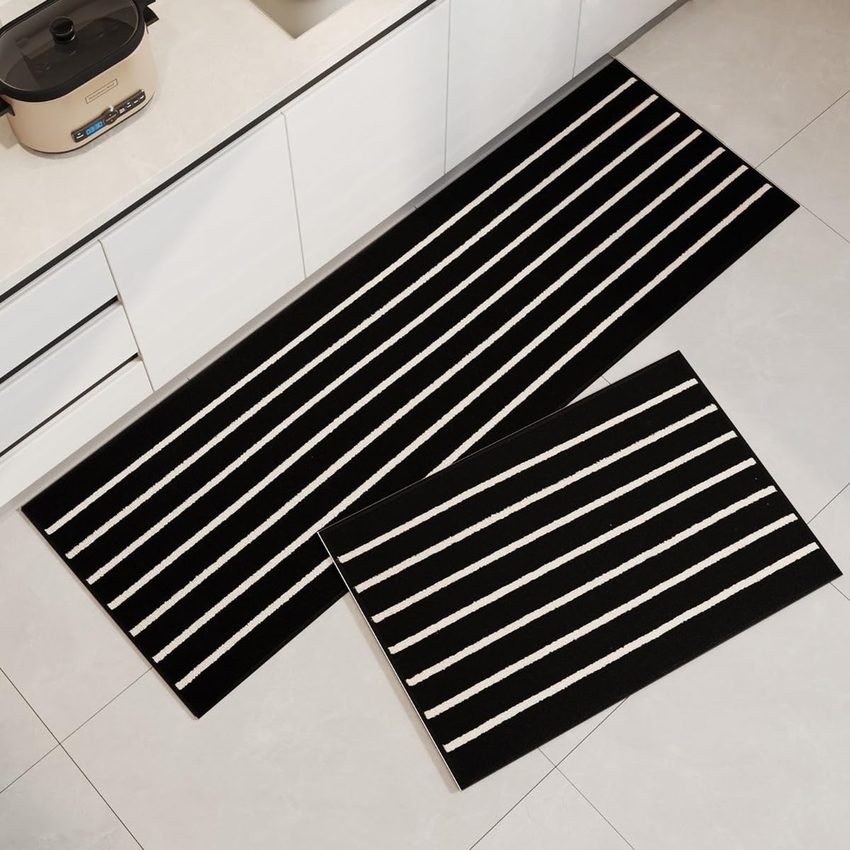 GIB Kitchen Mats Set of 2 PCS, Non-Slip Washable Rugs for Kitchen Floor, Absorbent Runner Rug Comfort Standing Mats for Kitchen Sink Office Decor, 20"x32"+20"x47", Black and White Striped