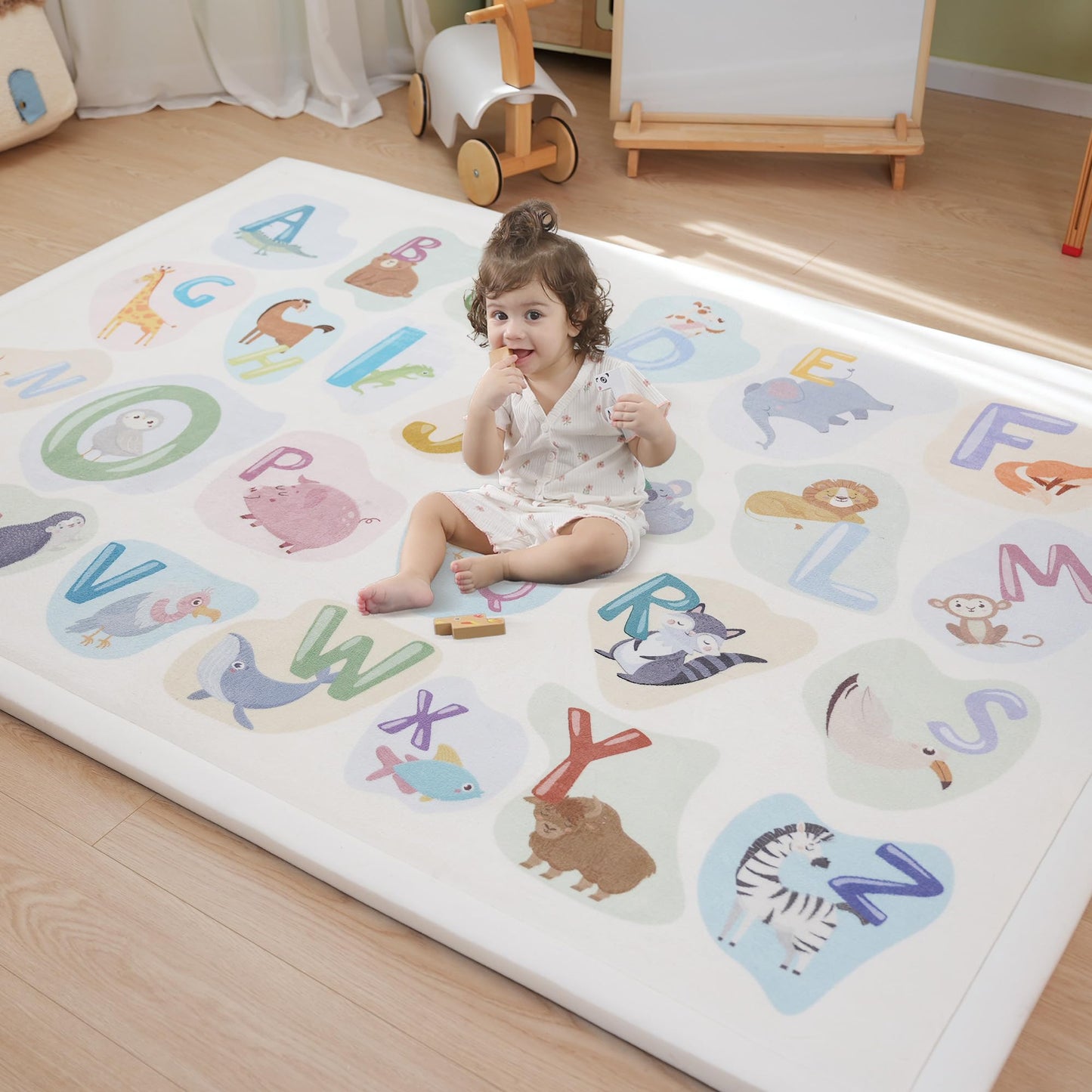 PaPaMat 1.3" Thick Educational Baby Floor Play Mat 79x158, Basic Padded Memory Foam Kids Mat, Extra Large Non-Slip Plush Playmat for Nursery Playroom Classroom (ABC Animal)