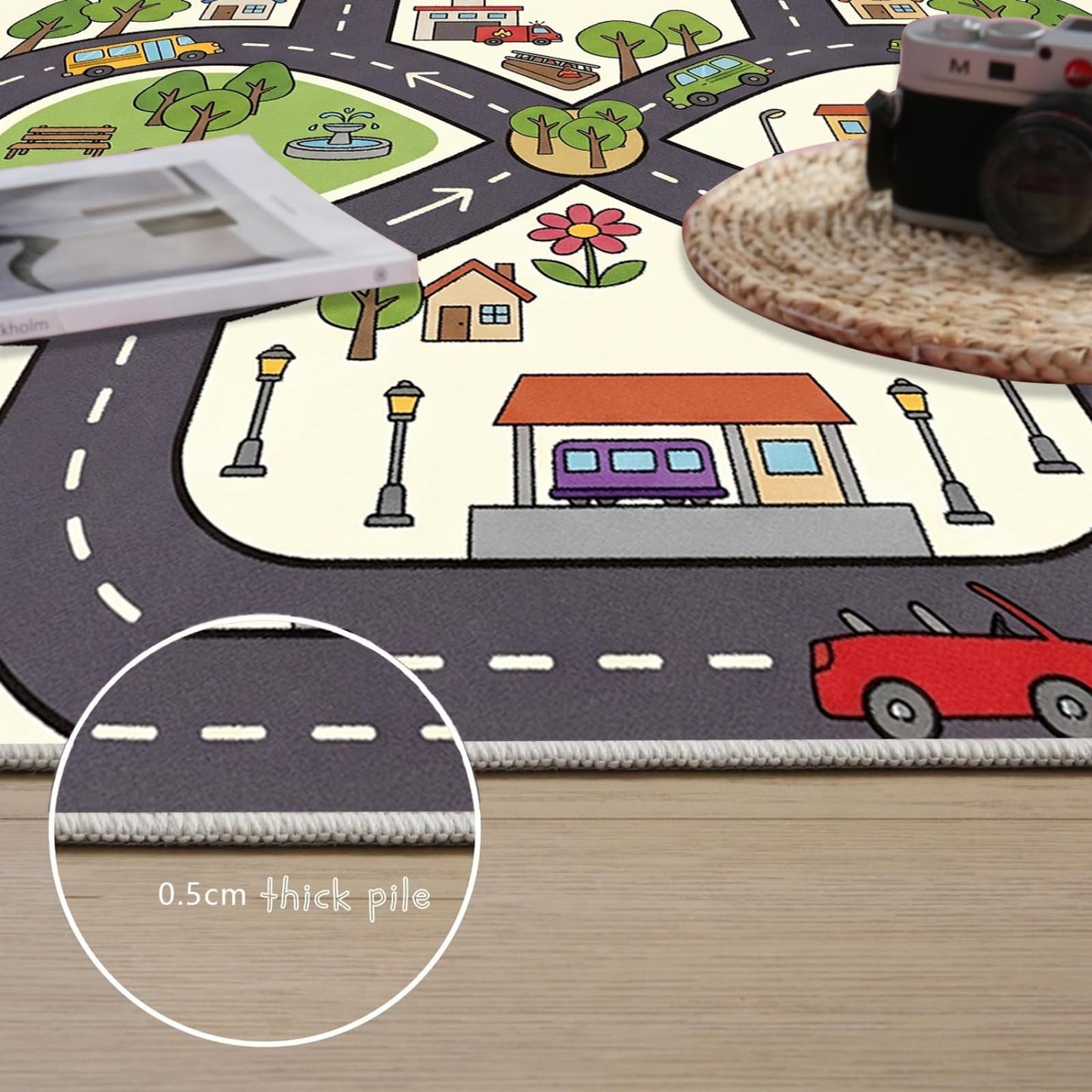 CRJMKS Round Car Rug Play Mats for Kids,3ft,City Road Map Round Children's Rug for Boy's Bedroom Playroom Nursery Preschool Education Circle Rugs Low-Pile with Rubber Backing