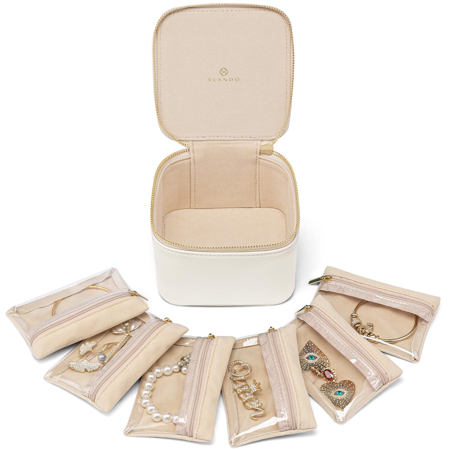VLANDO Travel Jewelry Organizer Case with 6 Clear Velvet Zipper Pouches, Faux Leather Jewelry Storage Box for Rings, Earrings, Necklaces and Bracelets, Gift for Women