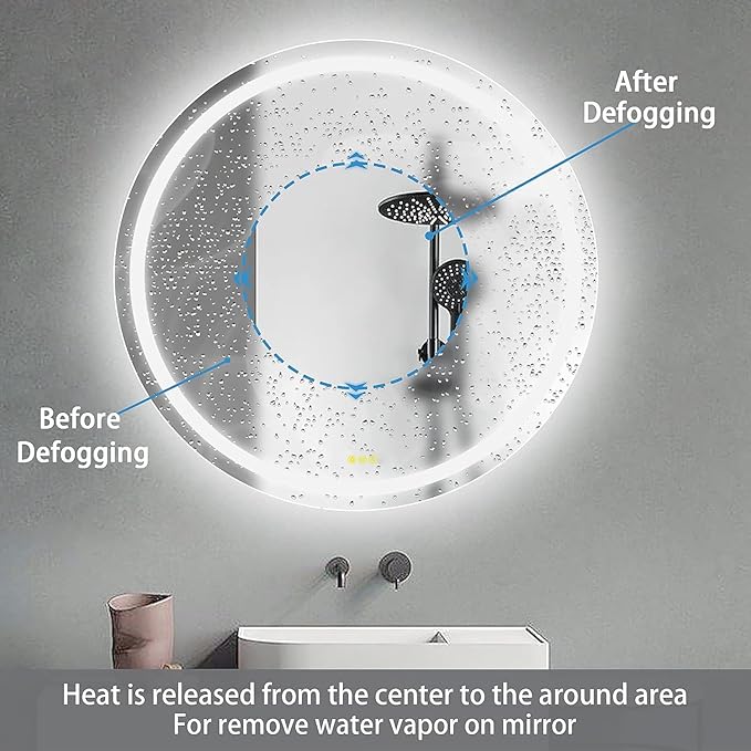 OKISS Round Bathroom Mirror with Lights 24 Inch 3000K/4500K/6400K Wall Vanity Mirror with Anti-Fog Round Led Mirror 3 Color, Dimmable, Memory Smart Touch Button