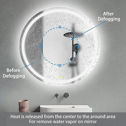 OKISS Round Bathroom Mirror with Lights 24 Inch 3000K/4500K/6400K Wall Vanity Mirror with Anti-Fog Round Led Mirror 3 Color, Dimmable, Memory Smart Touch Button