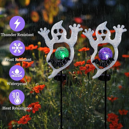 Viveta Solar Halloween Lights, 2 Pack Ghost Solar Lights Outdoor with Color Changing Crackle Glass Ball for Halloween Decorations Outdoor Garden Yard