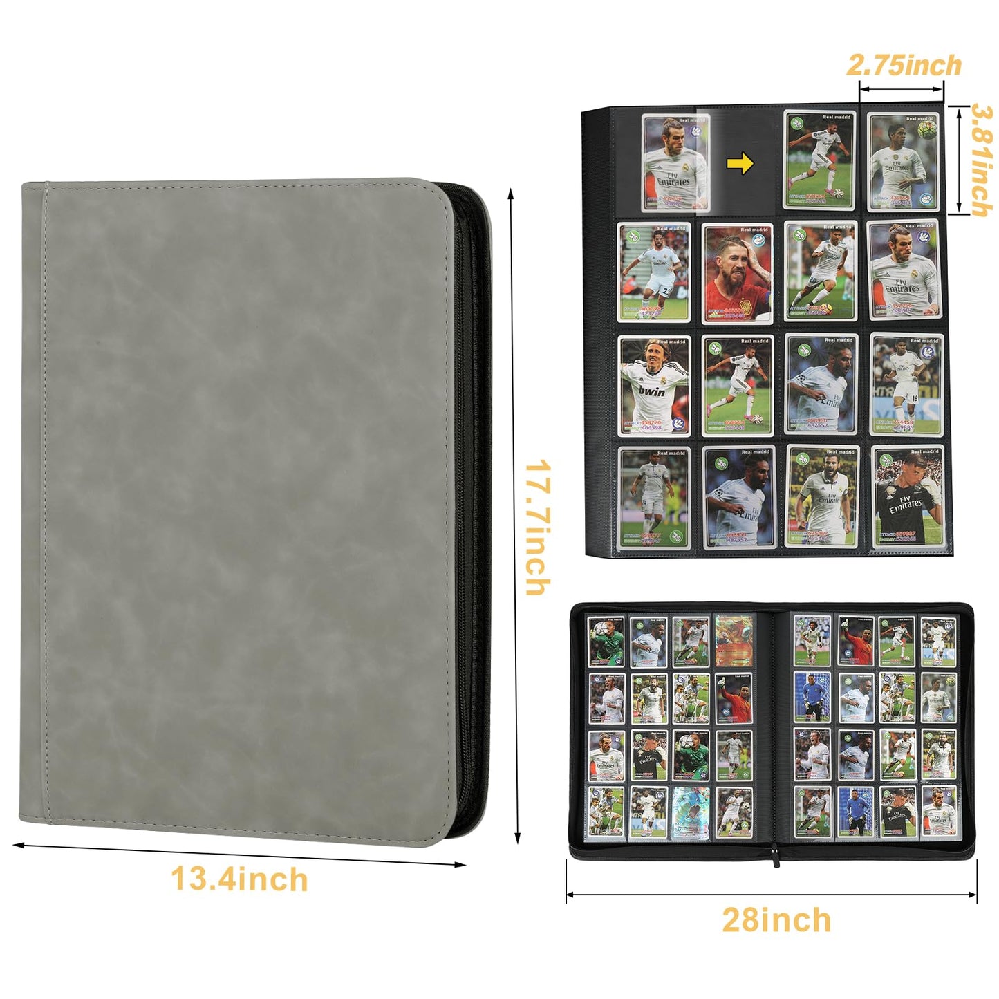 16 Pocket Ringless Side Loading Trading Card Binder, 1024 Cards PU Fixed Page Zipper Card Album for TCG Sports Game Cards, Not Fit Top Loaders (Marble Grey)