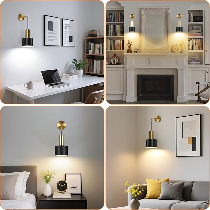 VerRon Rechargeable Battery Operated Wall Sconce Set of Two, Gold & Black Wireless Battery Powered Lights with Dimmable Detachable Bulbs & Remote, Modern Sconces Wall Decor for Bedroom Living Room