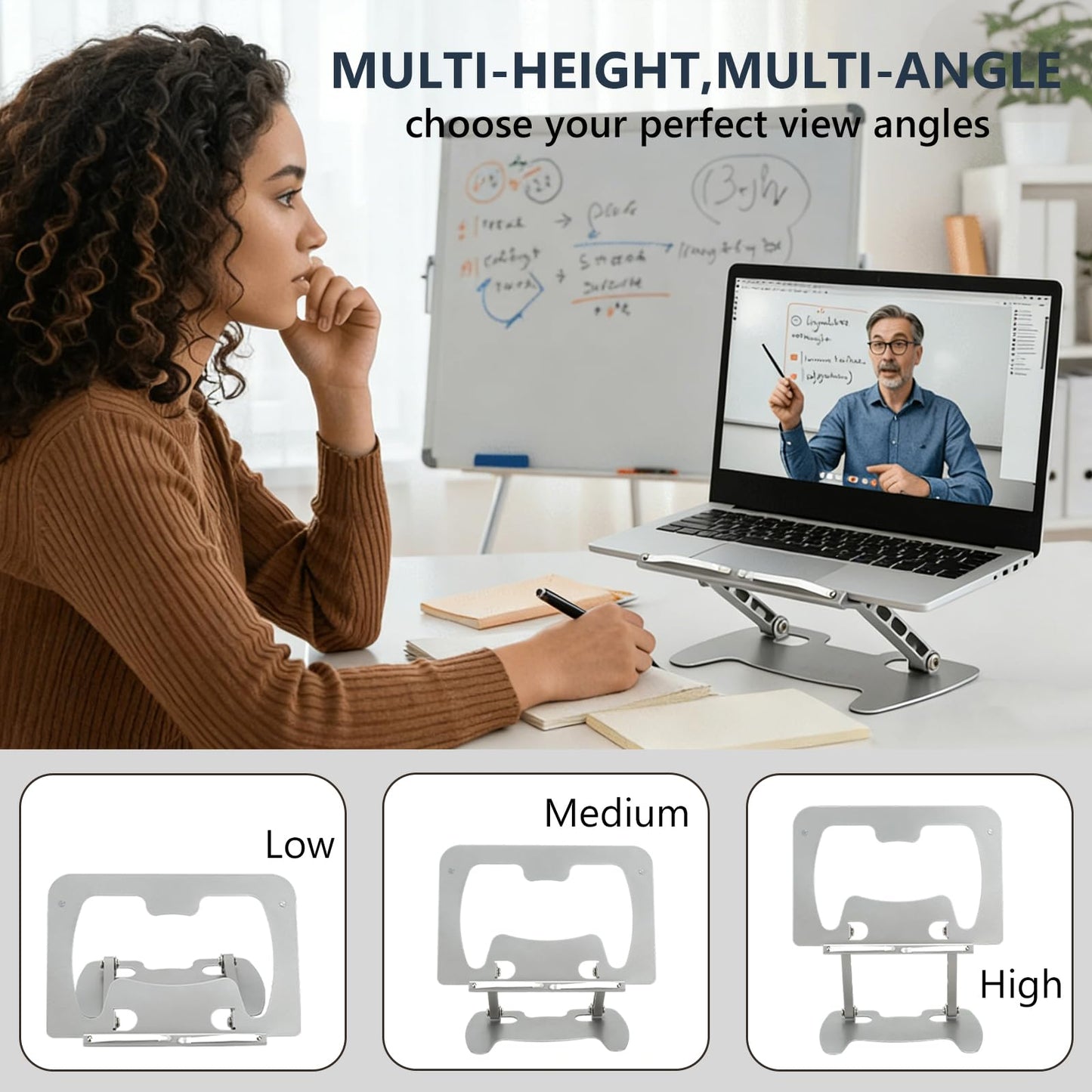 Book Stand for Reading, Adjustable Metal Laptop Stand for Desk Foldable Laptop Riser Holder Desktop Book Stand Multifunctional Display Stand for Recipe, Book, Tablet, Laptop, Notebook (Silver)