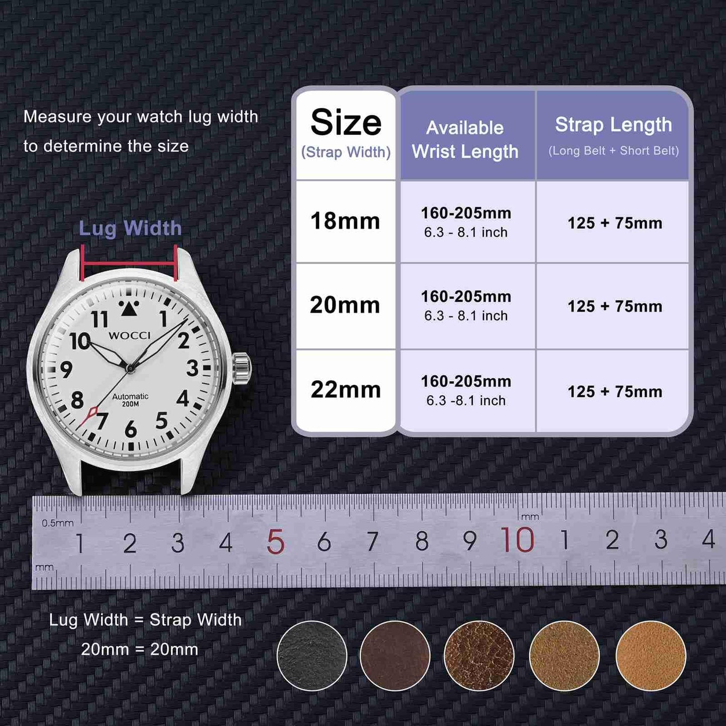 WOCCI 18mm Watch Band, Genuine Leather, Quick Release Replacement Strap, Black Buckle (Black)