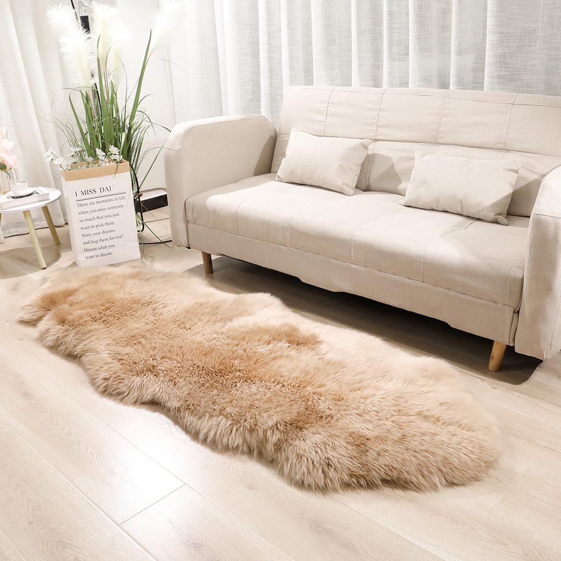 Real Sheep Skin Rug with Little Patches-Genuine Fuzzy Sheepskin Carpet for Bedroom Floor Living Room Sofa Luxury Fur Wool Pad (Light Brown, 2FT×6FT Patchwork)