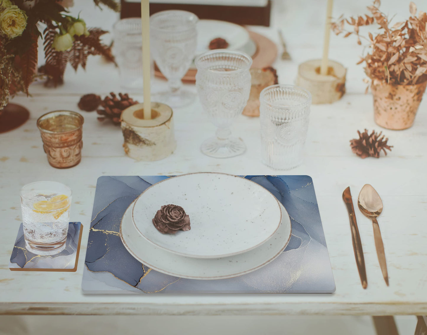Moderry Set of 4 Heat Resistant Cork Placemats for Dining Table with Free Set of 4 Matching Drink Coasters Marble Design 16 x 12 Inches Cork Backed Hard Placemats (Blue & Gold)