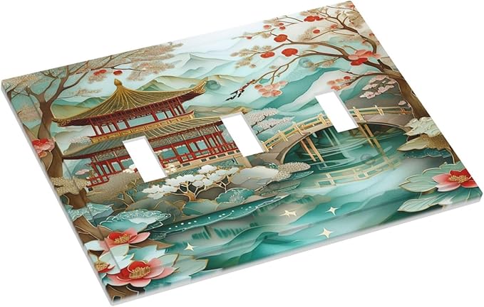 Asian Palace Traditional Bridge Cherry Blossoms Light Switch Covers 3 Gang Triple Toggle Wall Plate Decorative Switchplate Electrical Faceplate for Farmhouse Living Decor