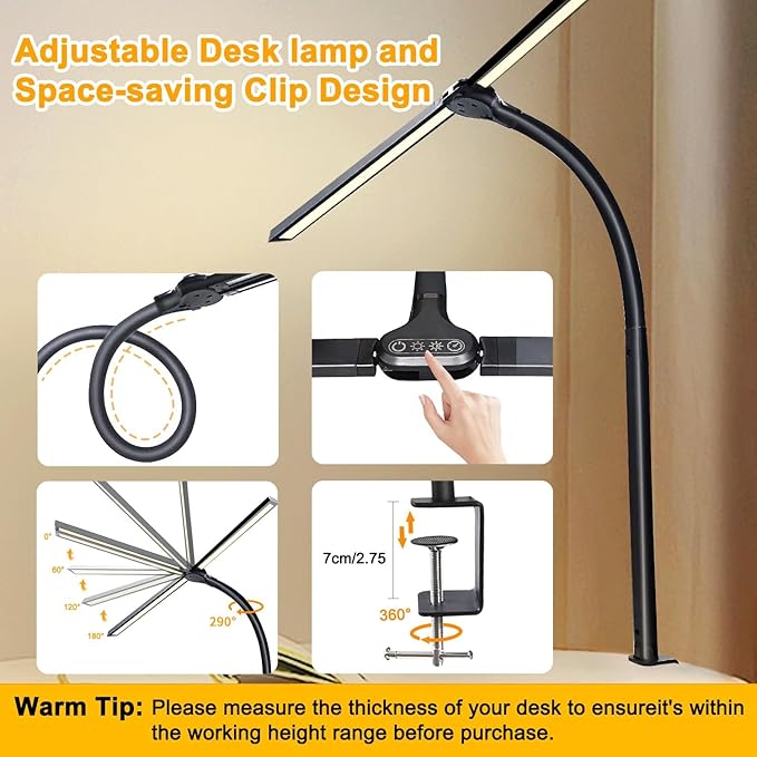 Double Head LED Desk Lamp for Office - Eye Caring Lamp with Clamp, Flexible Adjustable Lighting Gooseneck Desk Light, 4 Color Modes & 5 Brightness Levels for Monitor Workbench Study Reading