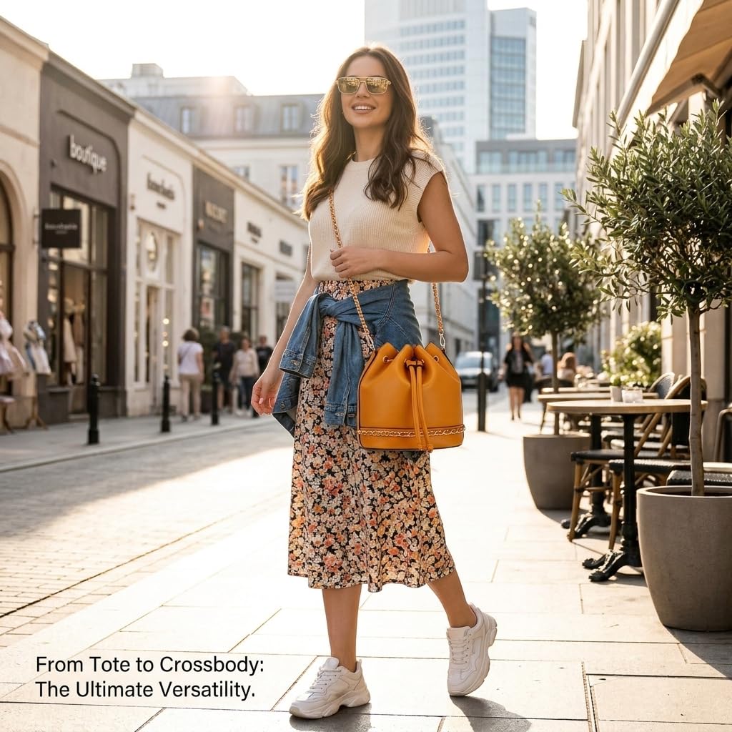 Rosvovo Leather Bucket Bag - Elegant Orange Drawstring Crossbody Purse for Women with Gold Chain Strap
