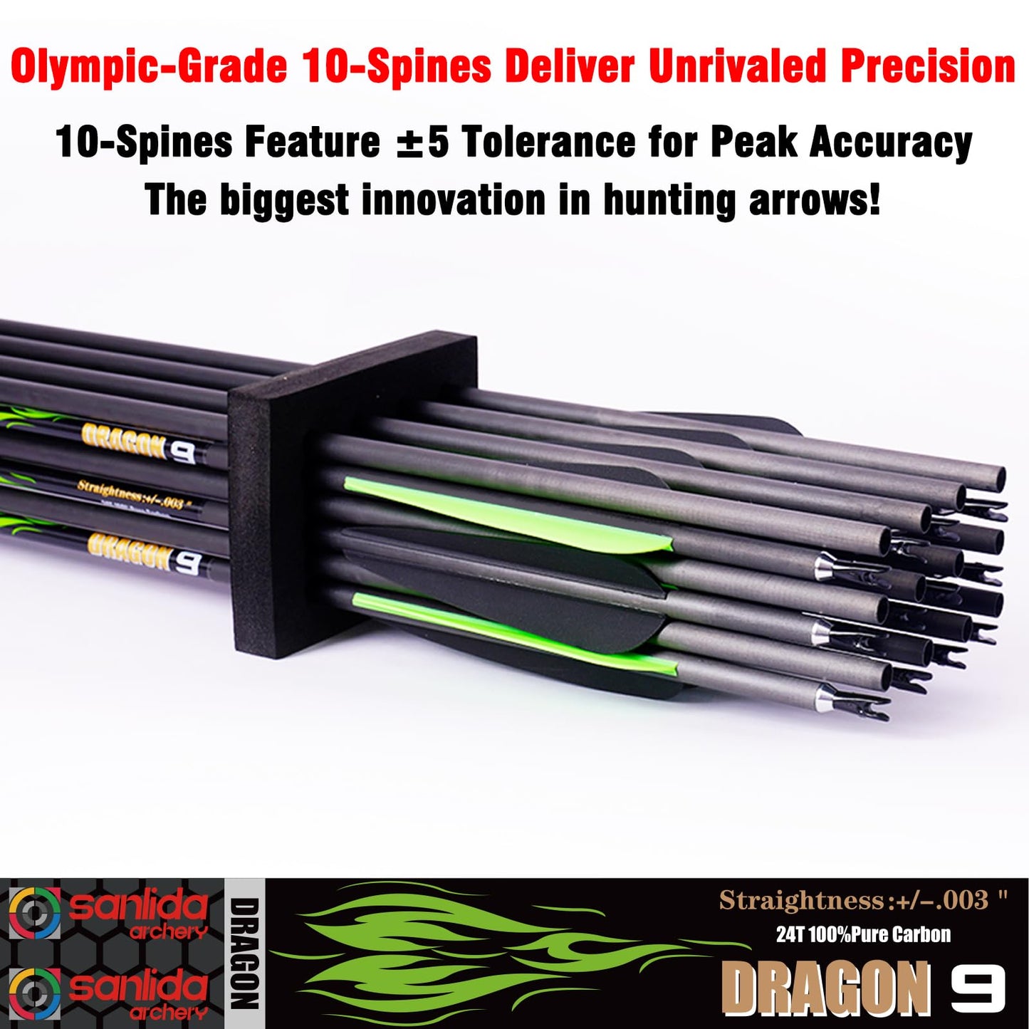 sanlida 24 PCs, 100% Pure Carbon, 0.003'' Straightness, Dragon 9 Flagship 24T Carbon Hunting Arrows for Compound Bow, Professional Standard Hunting Arrows with Removable Tips (320 Spine)