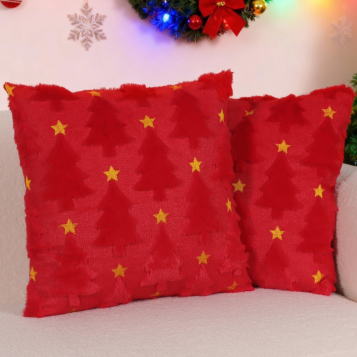 Hongsome Red Christmas Decor-Throw Pillow Covers 18x18in Set of 2,Soft Plush Faux Fur Pillow Case with Xmas Tree for Bedroom Large Couch Sofa Home Indoor Outdoor Holiday Decorations