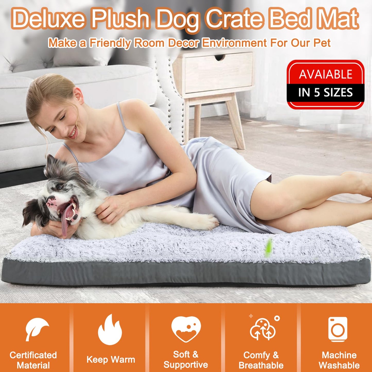 POCBLUE Deluxe Washable Dog Bed for Large Dogs Dog Crate Mat 35 Inch Comfy Fluffy Kennel Pad Anti-Slip for Dogs Up to 60 lbs, 35" x 23", Grey