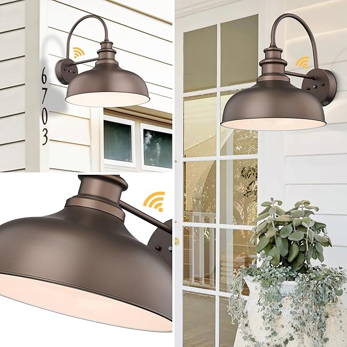 Bestshared Dusk to Dawn Gooseneck Barn Lights 16 Inch Dome Anti-Rust Farmhouse Outdoor Wall Sconce Outside Wall Mount Lighting Fixture Front Door Lantern Lamp for Patio(ORB+White,16” Dome-2Pack)