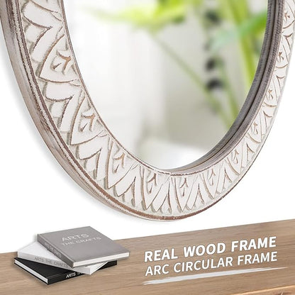 Rustic Round Wood 36 Inch Farmhouse Mirror, Wall Mount, Framed, White, Flower White, Modern & Rustic Style, Decorative Wall Mirror for Living Room, Bedroom, Entryway, Bathroom