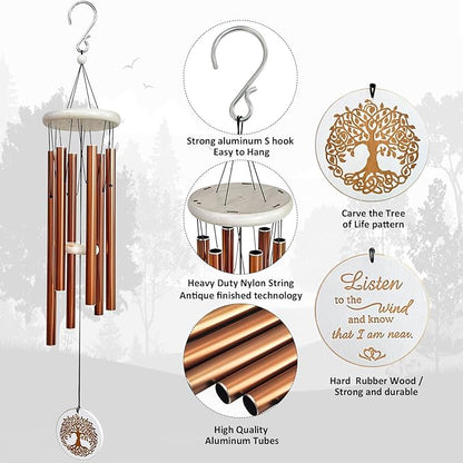 Tree of Life Memorial Wind Chimes, 33" Engraved Sympathy Gifts for Loss of Loved One, Home Yard Garden Decor (Copper)