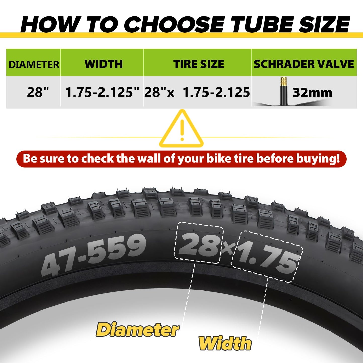 Hydencamm 2 Pack 28 Inch Inner Tube Fit 1.75/1.95/2.125 with 32mm Schrader Valve, 28×1.75/2.125 with 2PCS Levers, 28” Bicycle Inner Tube Compatible with Kids/Road Bikes (2 of One Size)
