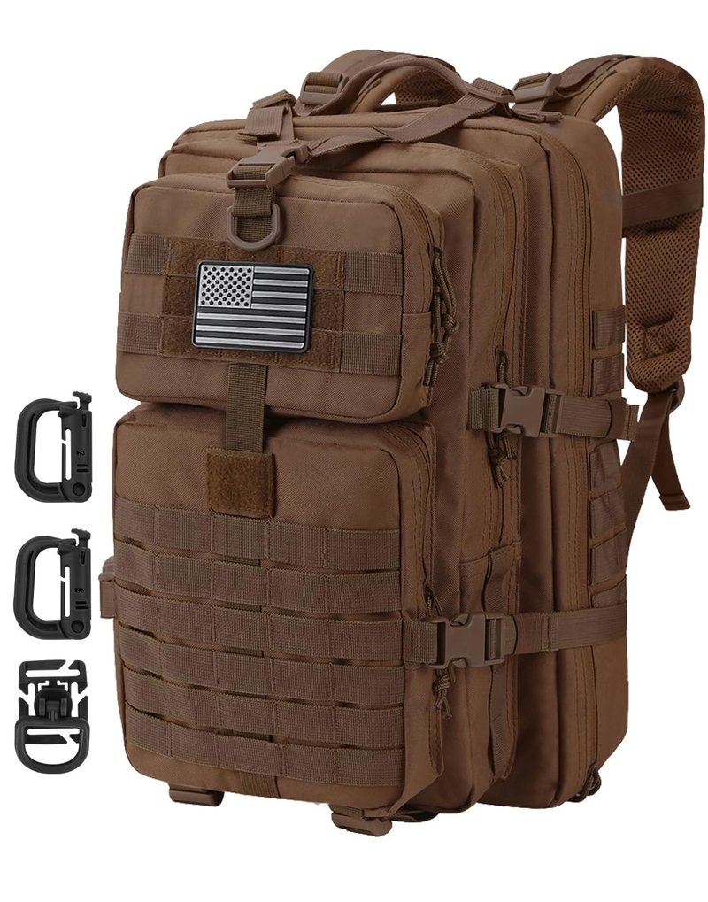 Hannibal Tactical MOLLE Assault Backpack, Tactical Backpack Military Army Camping Rucksack, 3-Day Pack Trip w/USA Flag Patch, D-Rings, Dark Brown